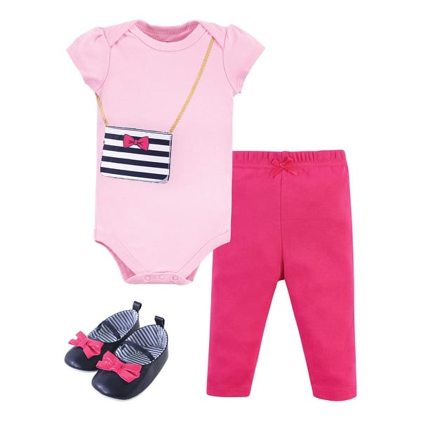 slide 1 of 1, Little Treasure Baby Girl Cotton Bodysuit, Pant and Shoe 3pc Set, Navy Pink Purse 0-3 Months - Navy Pink Purse