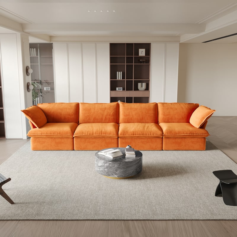 Modular Sectional Sofa Couch, Velvet 3 or 4 Seater Sofa, Minimalist Style Comfy Sofa Couch for Living Room Apartment - 4 seats+orange