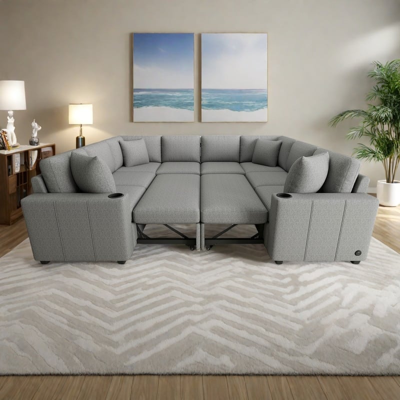 108.7" Chenille U-Shaped Sectional Sofa Bed with USB Charging and Cup Holders