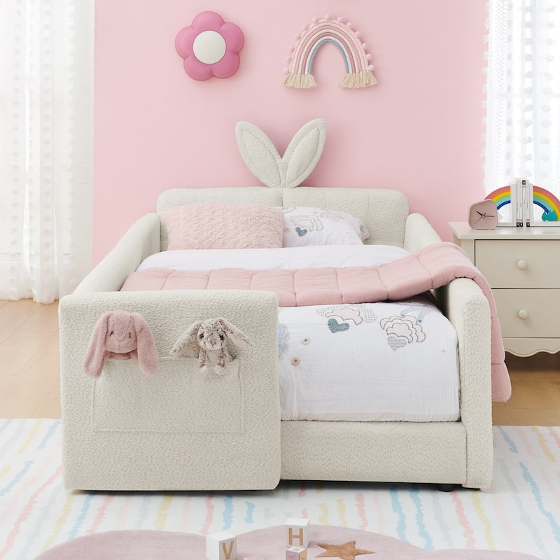 Twin Size Platform Bed Upholstered Bed with Safety Rail and Pocket, Kids Bed with Rabbit Ear, Skin-friendly Boucle Fabric - Beige - Twin