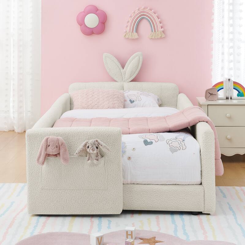 Twin Size Upholstered Platform Bed with Cute Rabbit Ear Shaped Headboard, with Safety Rail and Pocket, Boucle Fabric, Sky blue - Beige