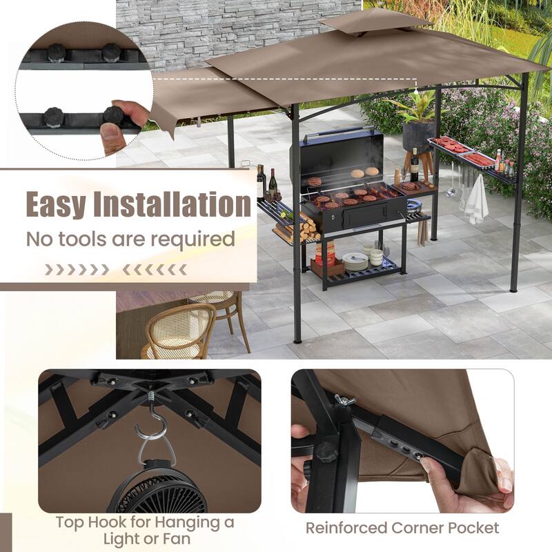 11 x 5 Feet Outdoor BBQ Shelter with Vented Canopy and Side Awning Hanging Hooks and Metal Frame Base