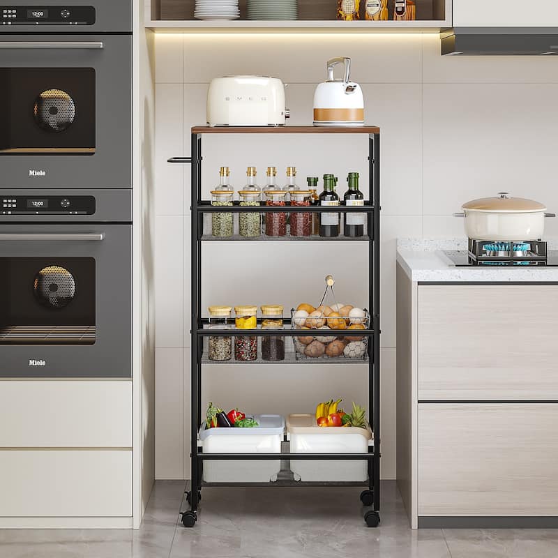 Javlergo 4-Tier Rolling Kitchen Cart with Mesh Baskets Brown Top & Wheels Space-Saving Storage Organizer with Handle for Home