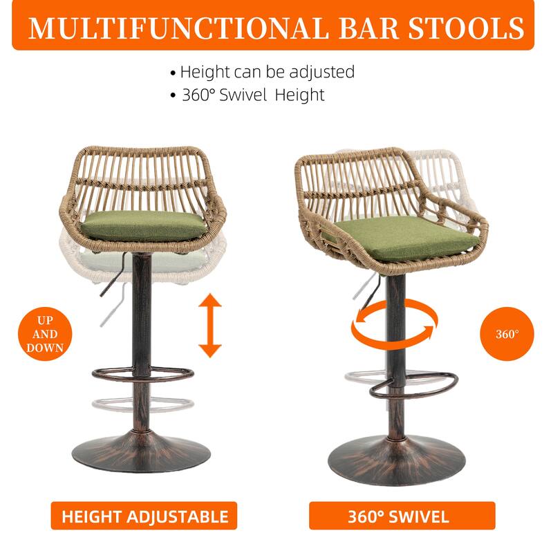 Plastic Rattan Linen Swivel Adjustable Height Bar Stools With Footrest(set of 2)