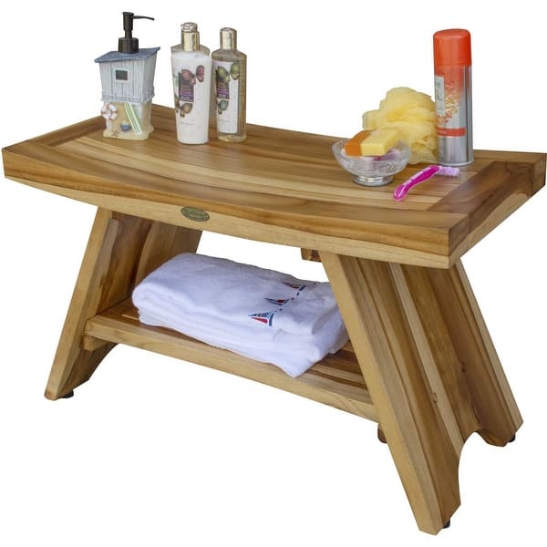 Compact Curvilinear Teak Shower Outdoor Bench with Shelf in Natural Finish Compact Curvilinear Teak Shower Outdoor Bench with Shelf in Natural Finish