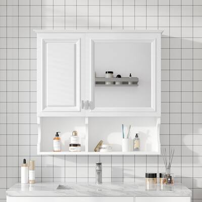 30 Inch Mirror Medicine Cabinet with Open Shelves, Wall Mounted Home Storage with Doors & Mirror, Adjustable Shelf