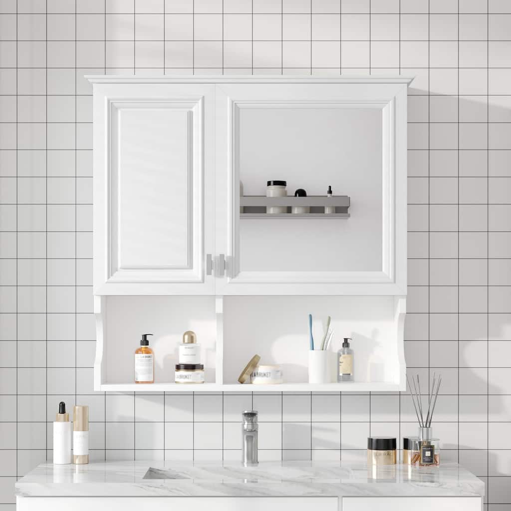 30 Inch Mirror Medicine Cabinet with Open Shelves, Wall Mounted Home Storage with Doors & Mirror, Adjustable Shelf
