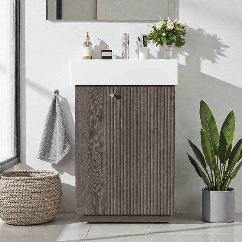 21.6" Bathroom Vanity with Ceramic Sink, Freestanding Wood Grain Cabinet with Soft-Close Door for Small Baths - Dark Grey