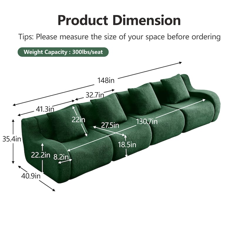 118" Teddy Fabric Boneless Couch, Upholstered 4-Seat Sofa with Curved Armrests, Modular Deep Seat Sofa, No Assembly Required