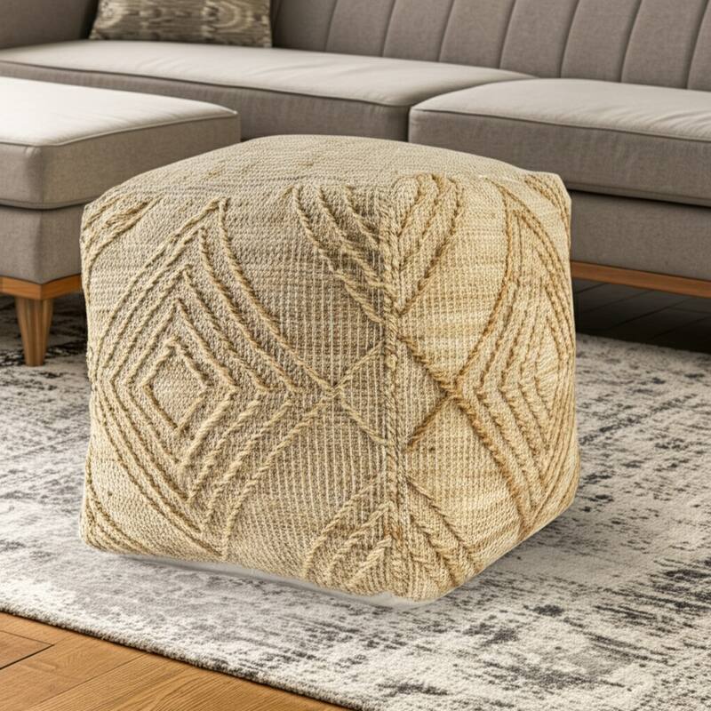 HomeRoots 18" Natural Jute Blend Cube Geometric Pouf Ottoman - Natural - 18' X '18' X '18