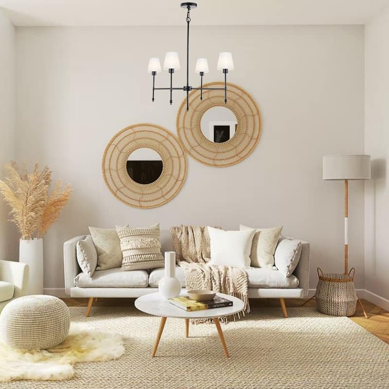 Brava 4 light Iron Frame Chandelier in Matte Black with Linen shade - 28.3"H x 26.3"W x 26.3"D