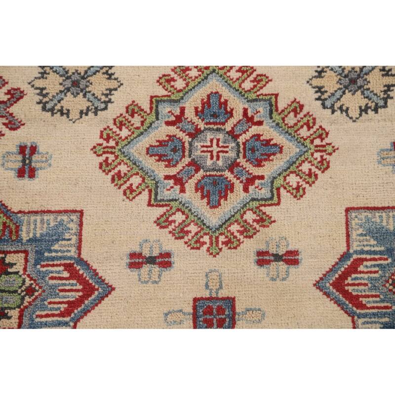 Geometric Beige Kazak Area Rug Handmade Wool Carpet - 5'1" x 6'4"