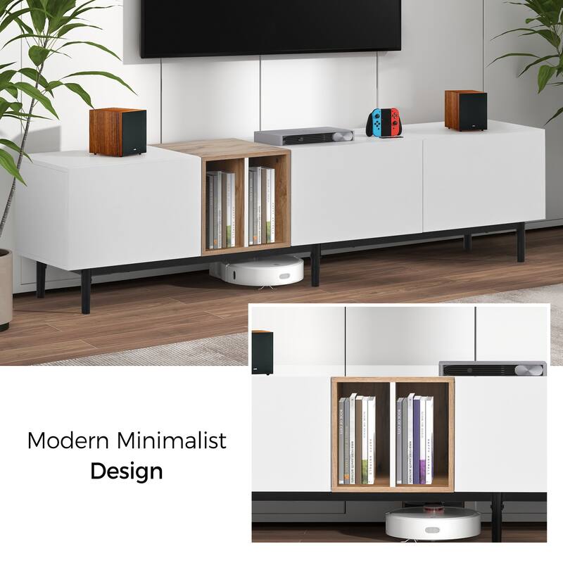 Modern TV Stand for 80'' TVs with 3 Doors, Concealed Storage and Pull-Down Cabinet Doors, for Living Rooms Bedrooms, White