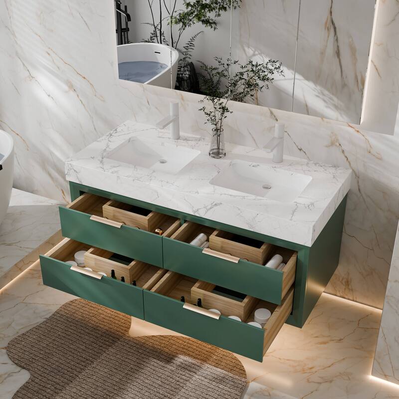 Modland 48" Floating Double Sink Bathroom Vanity with White Stone Countertop, Soft-Close Drawers, LED Lighting