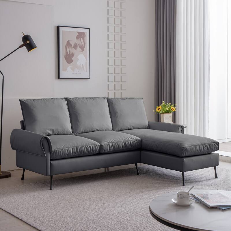 Contemporary Technical Leather L-Shaped Sofa Couch, Reversible Chaise Lounge, Dark Gray - Reversible - Dark Gray