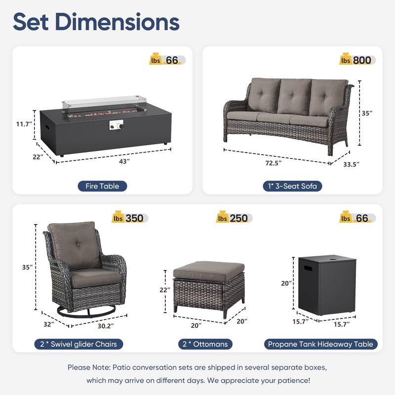 Pocassy Outdoor 7 Pieces Sofa Swivel Chair Ottoman with Fire Table