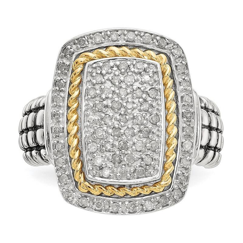 Curata 925 Sterling Silver Textured Polished and 14k Yellow Diamond Ring
