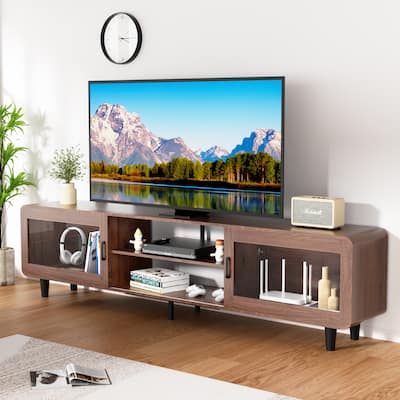 Mid Century Modern TV Stand with 2 Storage Cabinets, 2 Storage Layers Shelf and 4 Wooden Legs for Living Room Bedroom