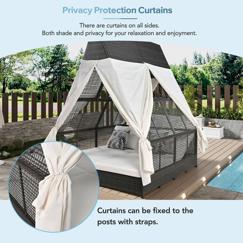 Outdoor Patio Rattan Daybed Sunbed with Triangle Tent, Adjustable Backrest, and Curtains