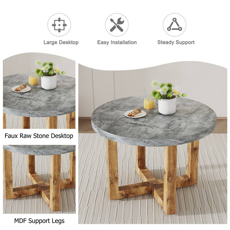 A modern and practical circular dining table. Made of MDF tabletop and wooden MDF table legs