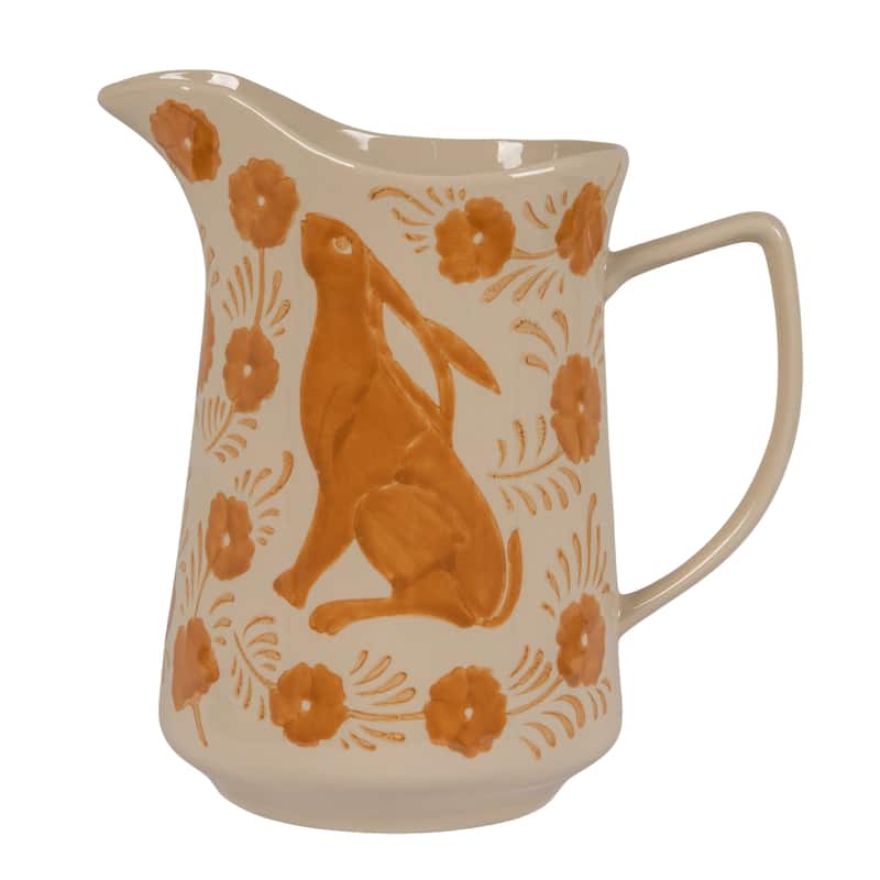 Stoneware Pitcher with Painted Rabbit and Florals