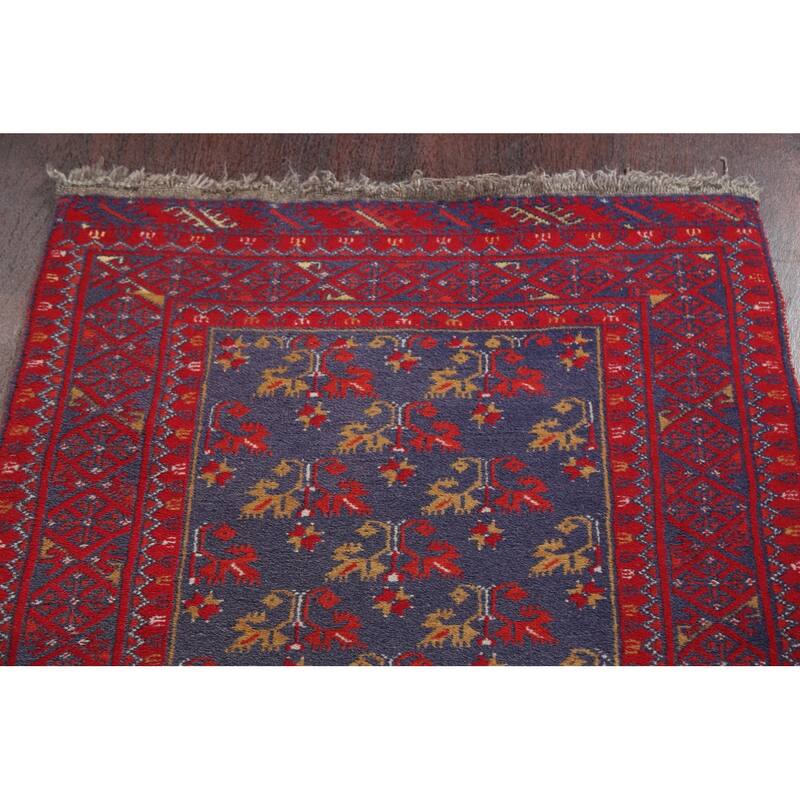 Hand Knotted Oriental 100% Wool Carpet Traditional Floral Navy Blue & Blues Balouch Runner Rug - 9' 5'' X 2' 8''