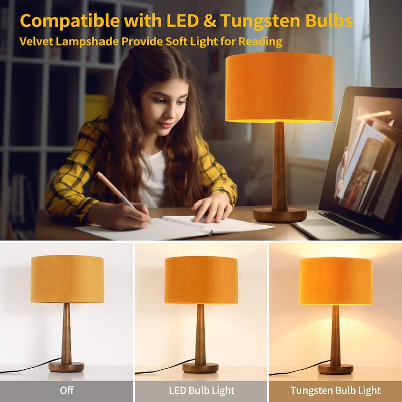 18.5" Modern Table Lamp with Walnut Wood Base, Dimmable Bedside Lamp, UL Listed