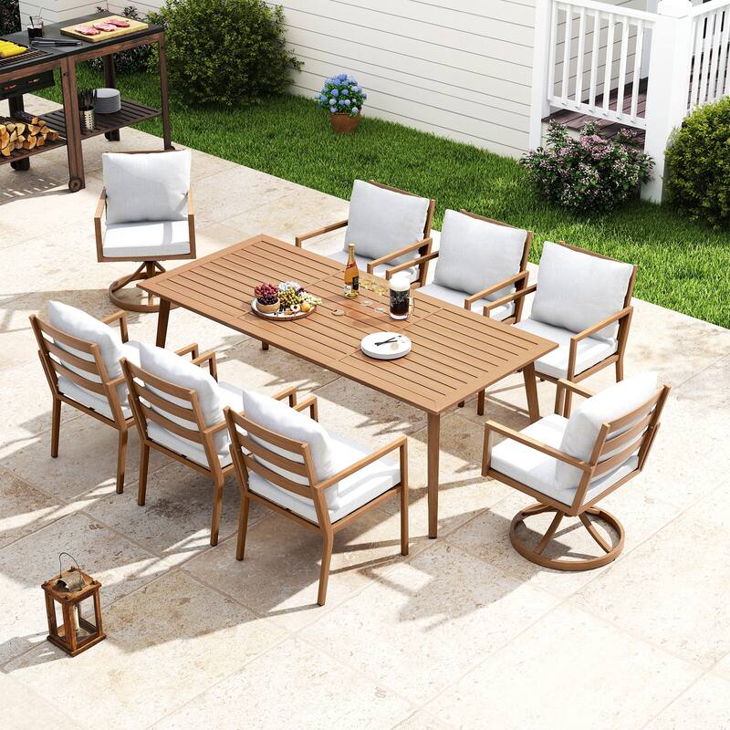 Riviera 9-Piece Brown Aluminum Patio Dining Set with Rectangular Table, 2 Swivel Dining Chairs and Light Gray Cushions