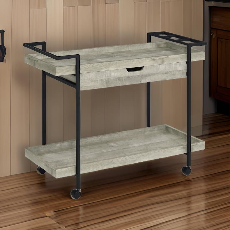 Tra 40 Inch Rolling Bar Cart, 2 Tier with Drawer, Gray Wood, Black Metal