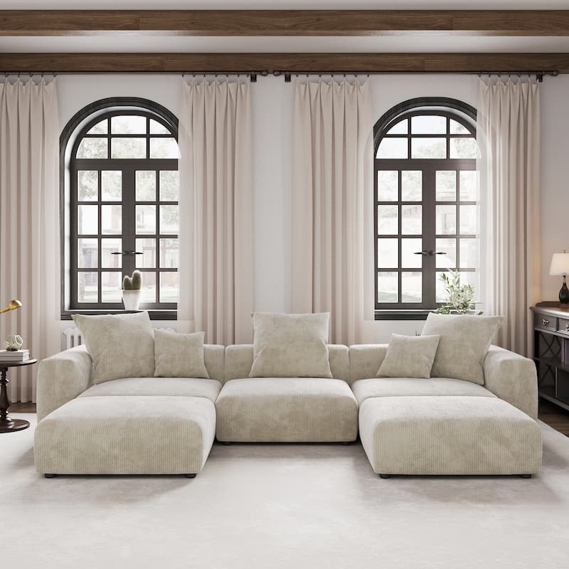 141''Modular Sectional Sofa, Corduroy 5 Seater Upholstered Sofa Couch with 5 Pillows, Convertible Couch Deep Seat Couches - Beige