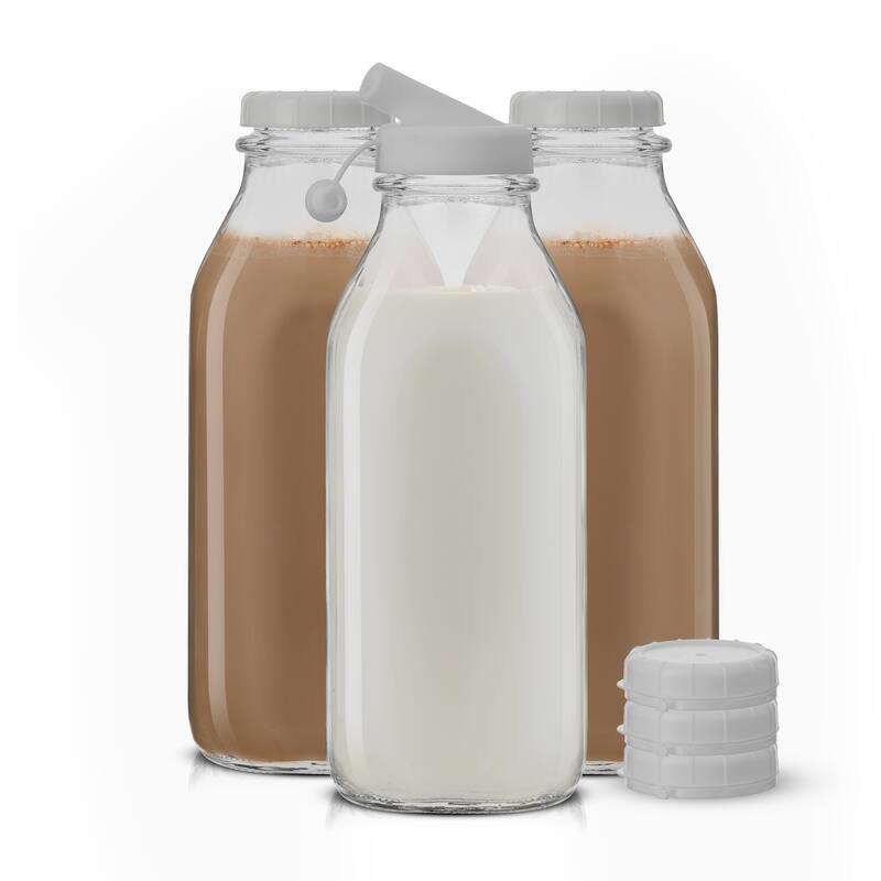JoyJolt Reusable Glass Milk Bottle with Lid & Pourer - Set of 3 - 32 oz