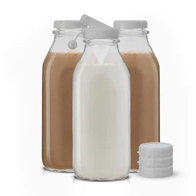 JoyJolt Reusable Glass Milk Bottle with Lid & Pourer - Set of 3