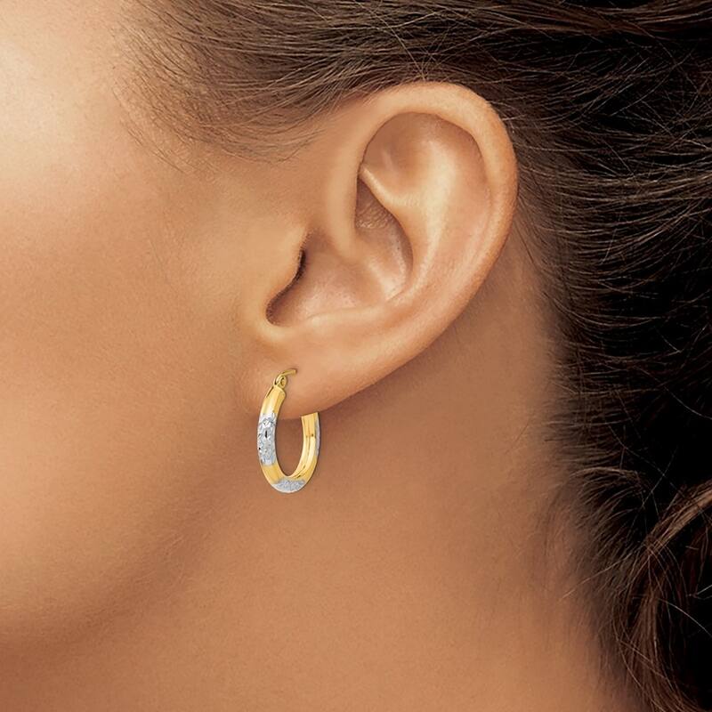 Curata 14k Yellow Gold Polished Hinged Post and Rhodium Sparkle Cut Hoop Earrings - 20mm