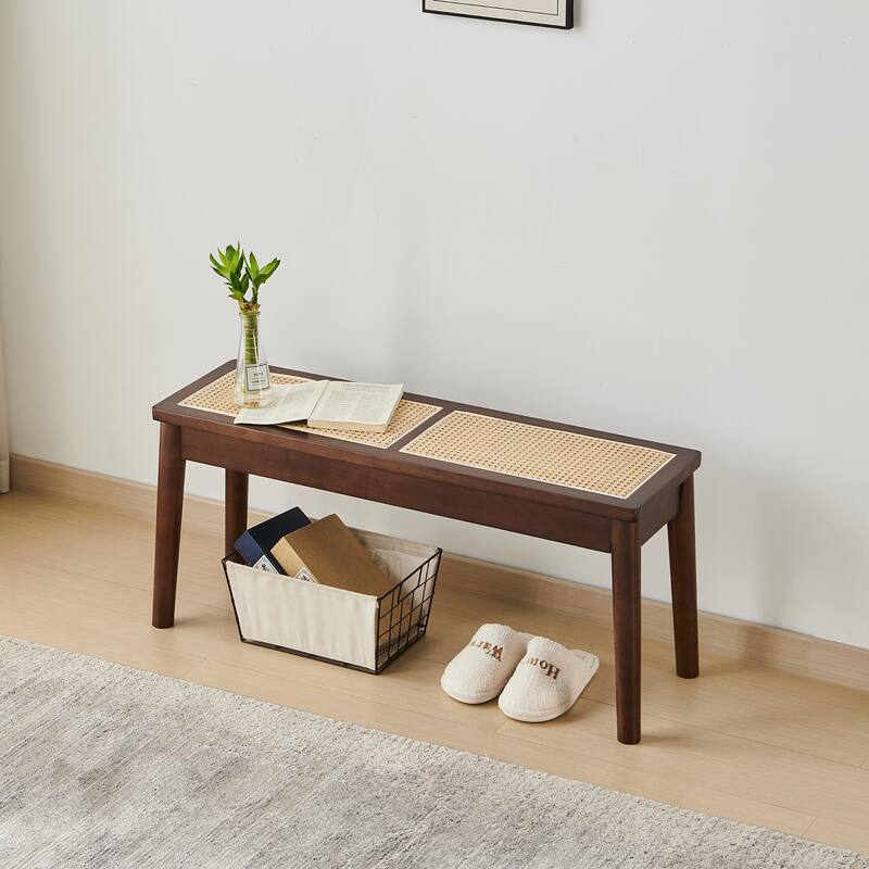 40 x 12 "Wooden Bench,Walnut Color,Hand Woven Cane Seat,Solid Wood Bench For Entrance,Living Room, Kitchen,Long Bench,18" High - Walnut