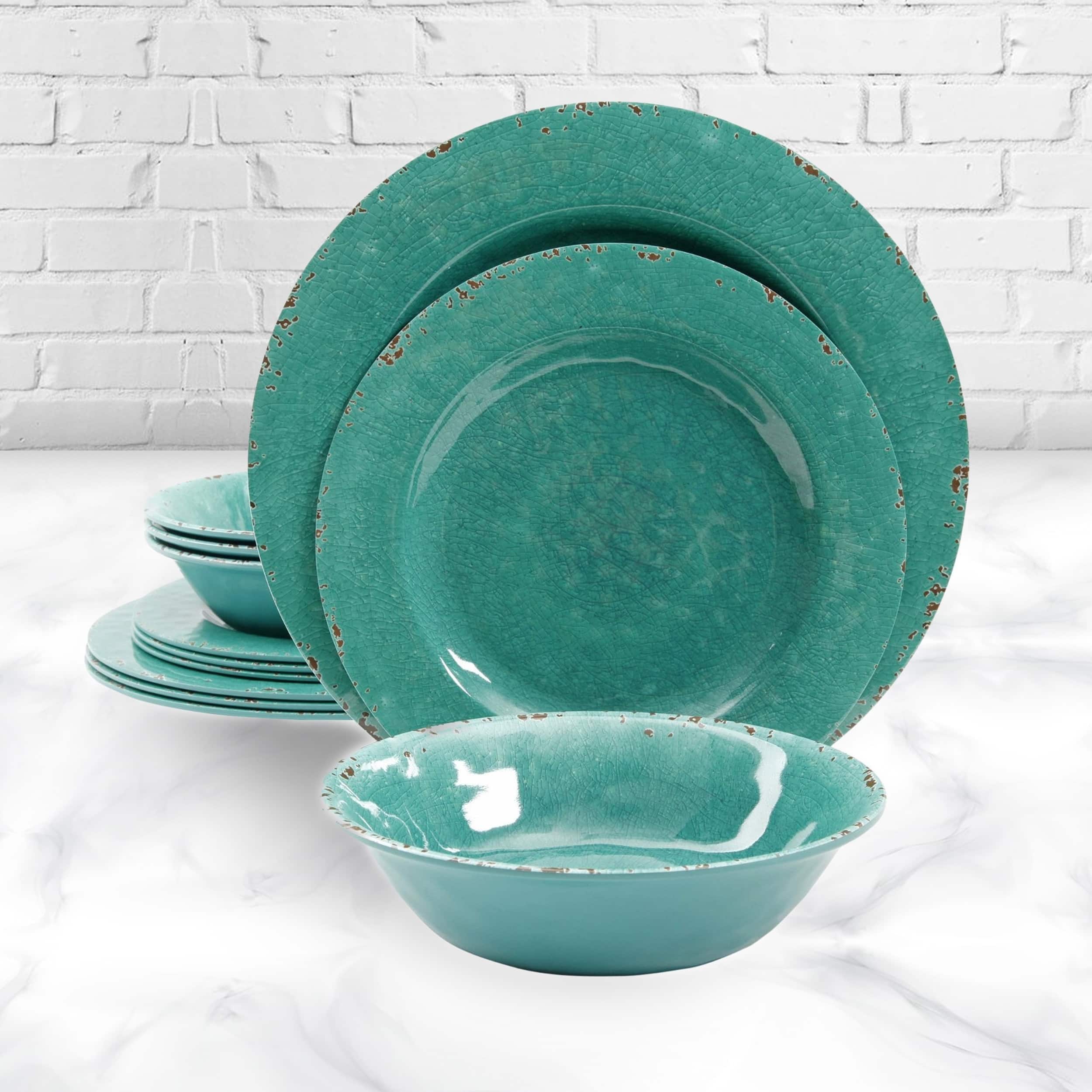 Rustic Reactive Glaze Turquoise Dinnerware Set 12 Pieces Bed Bath