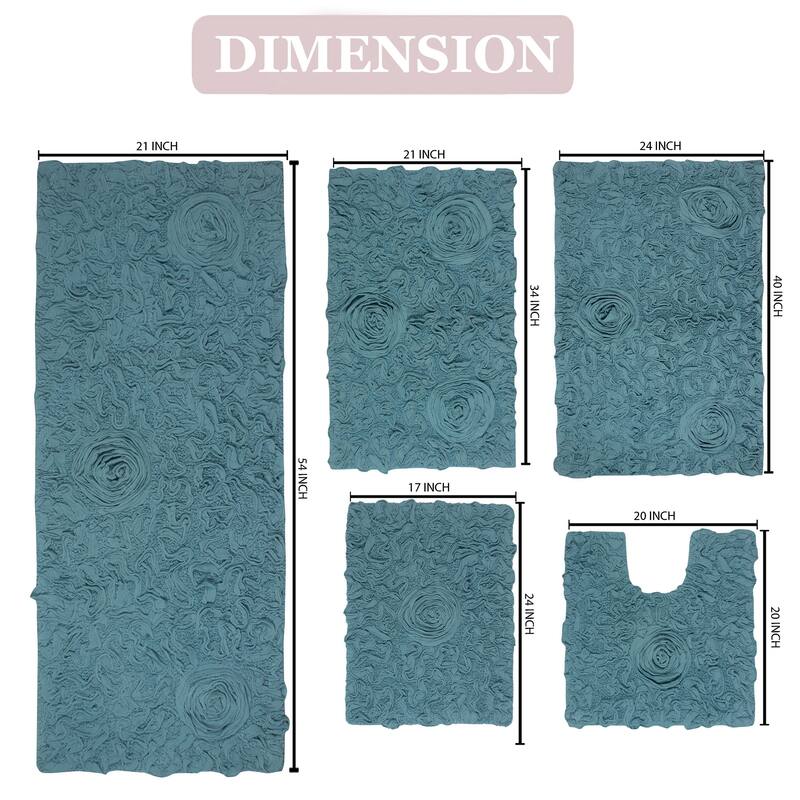 Bell Flower Collection 100% Cotton Non-Slip Bathroom Rug Set, Machine Washable Bath Rug, 5 Piece Bath Mat Set with Runner