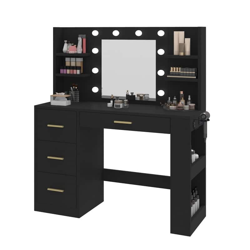 Moasis Makeup Vanity Desk with Mirror & 10 Lights,Makeup Table with 4 Drawers and 8 Open Storage Shelves