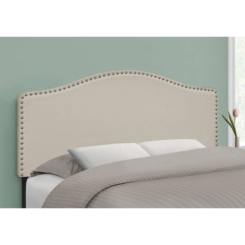 Full Size Upholstered Headboard with Beige Linen Look and Chrome Trim - Beige
