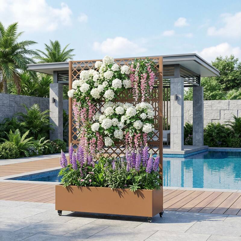 Raised Garden Bed Planter with Trellis Movable Planter Box with Lockable Wheels - Brown - 72*47