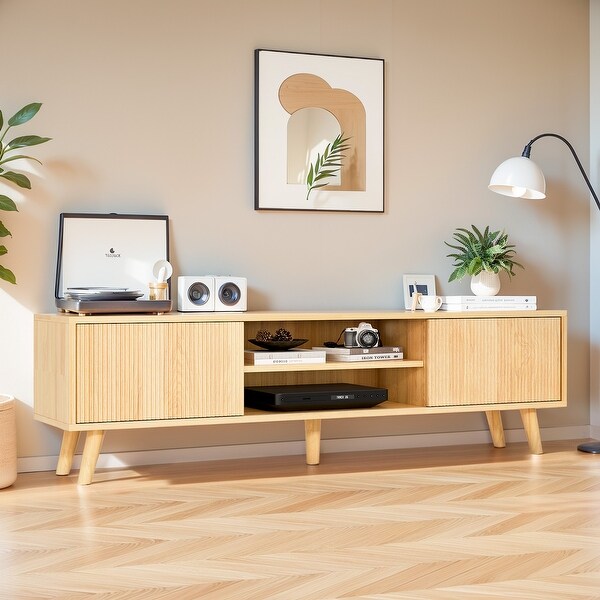 Entertainment Center Wood TV Stand with Fluted Sliding Doors - On