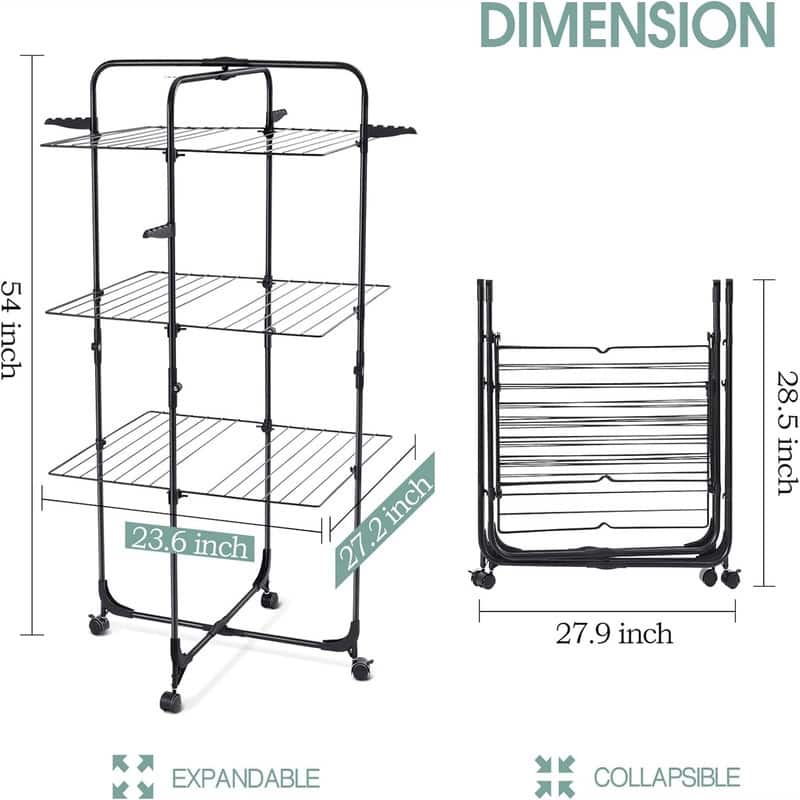 Drying Rack Clothing, 3-Tier Collapsible Clothes Drying Rack with Wheels - 23.6"D x 27.2"W x 54"H