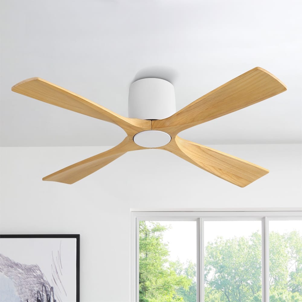 MLiAN 4 Soild Wood Blades Flush Mount Ceiling Fan Remote Control 6-Speed DC