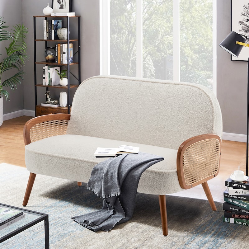 41" W Small Loveseat with Natural Rattan Arms,Upholstered Modern Mini Sofa Couch Love Seat Settee Bench with Back
