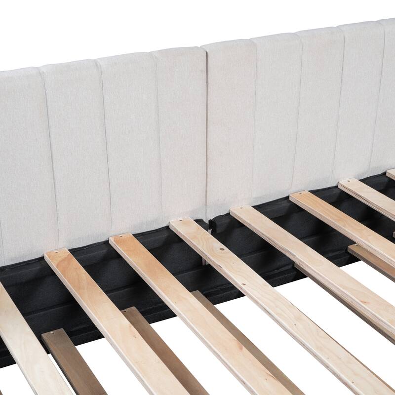 L Shaped Backrest Daybed Slat Support Sofa Bed Linen Fabric Upholstered Bed Frame with Twin Size Trundle, Twin - Beige