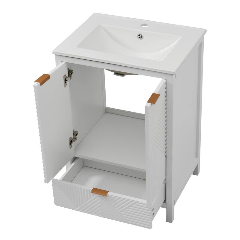 Anmytek 24 Inch Bathroom Vanity with Ceramic Basin Geometric Door Design for Small Bathroom Storage