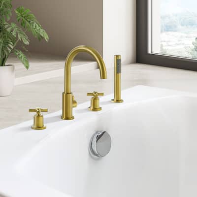 Sundale Cross Handles Deck-Mount Roman Tub Faucet with Handshower