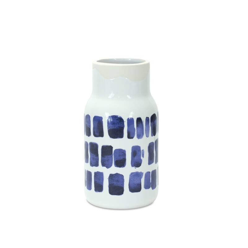 Blue and White Ceramic Abstract Cylinder Table Vase Set of 2 for Living Room Decor