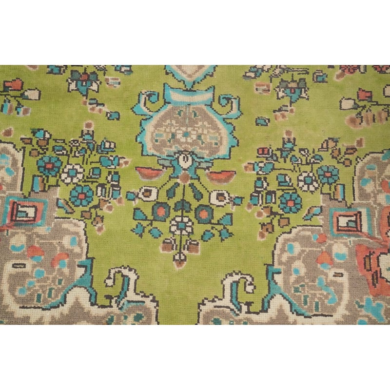 Hand Knotted Oriental 100% Wool Carpet Traditional Floral Green Tabriz Area Rug - 9' 7'' X 6' 5''