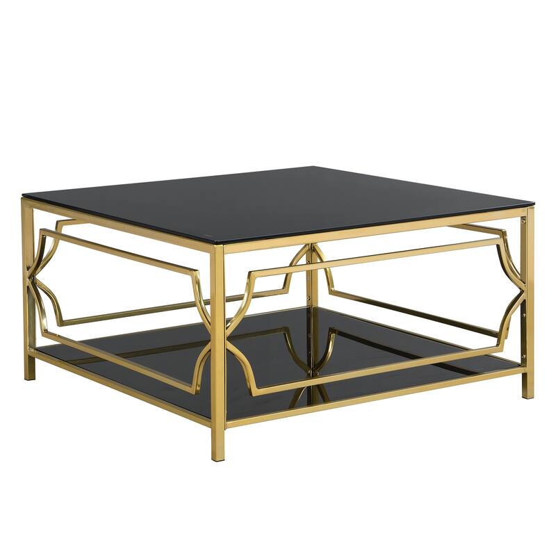 Luxe Square Glass Coffee Table with Geometric Gold Frame & Lower Display Shelf by Harper&Bright Designs