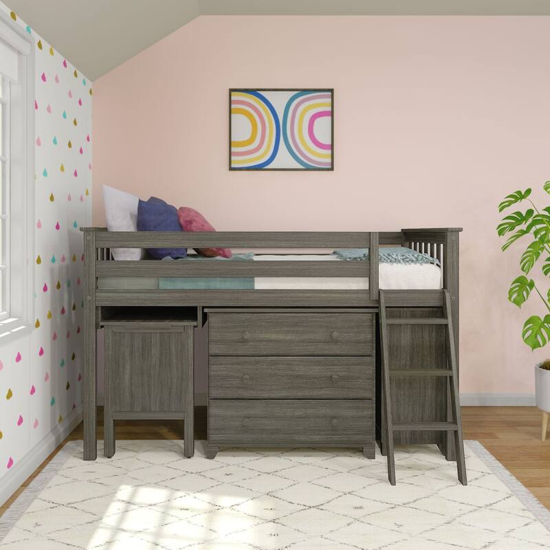 Max and Lily Twin-Size Low Loft with Pull-Out Desk and 3-Drawer Dressers
